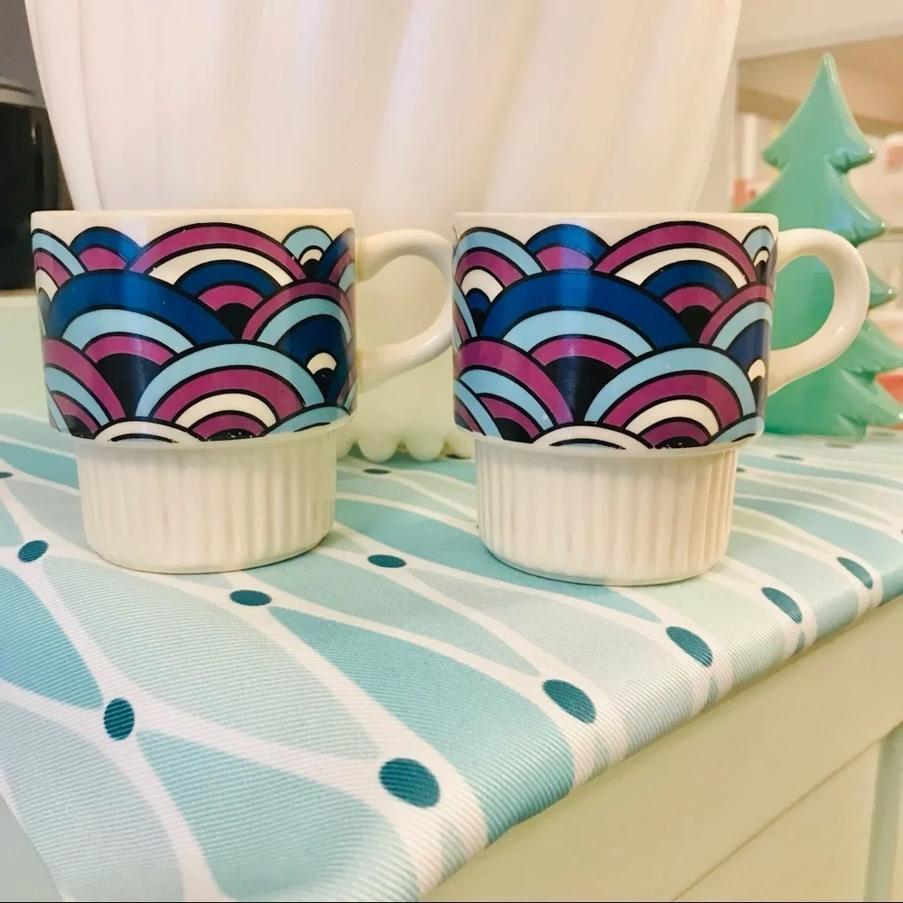 Vintage Coffee Cups Mid Century Modern Rainbow Arch Blue Purple White Set of 2